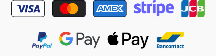 Visa, Mastercard, Amex, Stripe, JCB, PayPal, Google Pay, Apple Pay, Bancontact